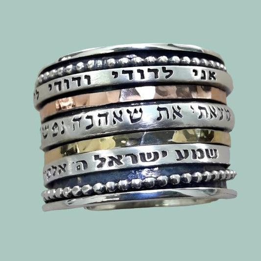 Bluenoemi Spinner Ring Hebrew Poesie bands Sterling Silver & Gold