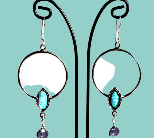 Silver earrings for woman sterling 925 set with opal Blue Israeli jewelry - Bluenoemi