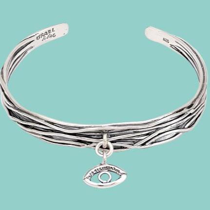 Designer sterling silver bangle cuff bracelet with and evil eye for protection - Bluenoemi