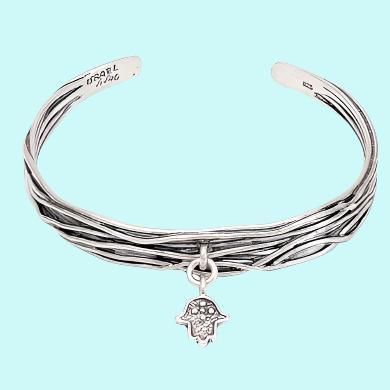 Designer sterling silver bangle cuff bracelet with hamsa - Bluenoemi