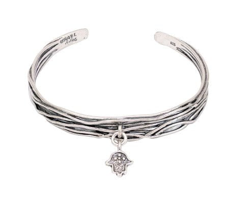 Designer sterling silver bangle cuff bracelet with hamsa - Bluenoemi