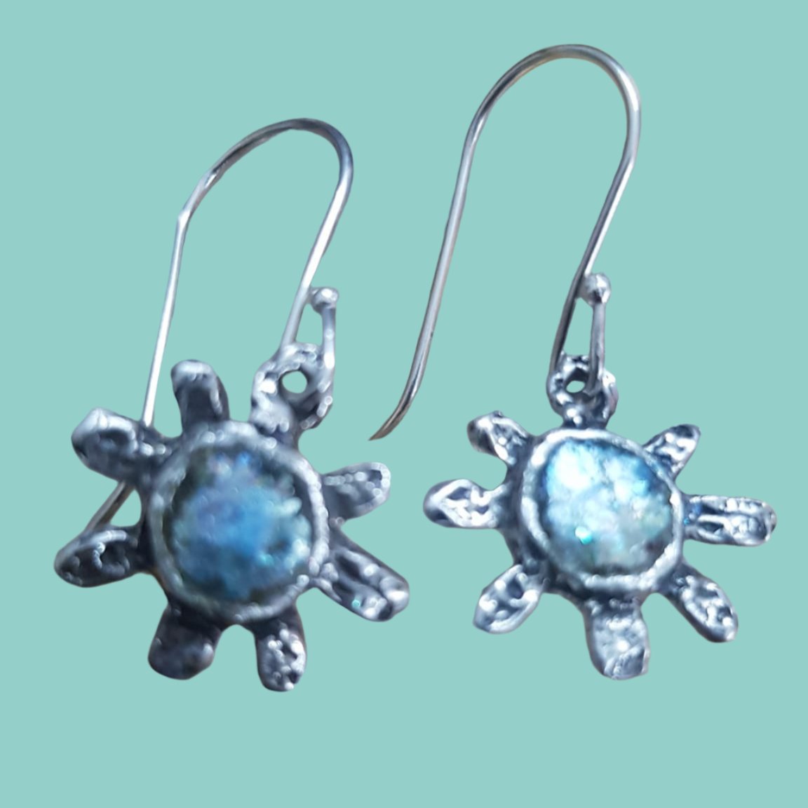 Bluenoemi Jewelry Earrings Floral silver dangling earrings with roman glass / silver Roman glass silver earrings flower design