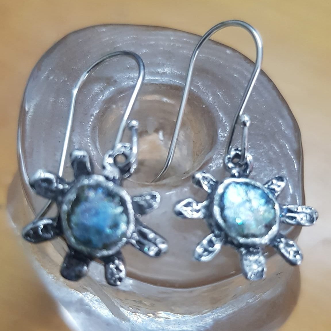 Bluenoemi Jewelry Earrings Floral silver dangling earrings with roman glass / silver Roman glass silver earrings flower design