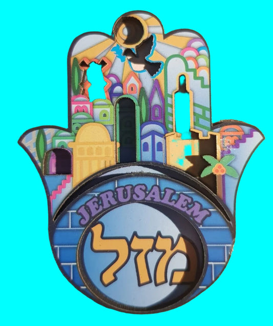 Bluenoemi Jewelry magnet Fridge magnet Jerusalem view Mazal Israel magnets.