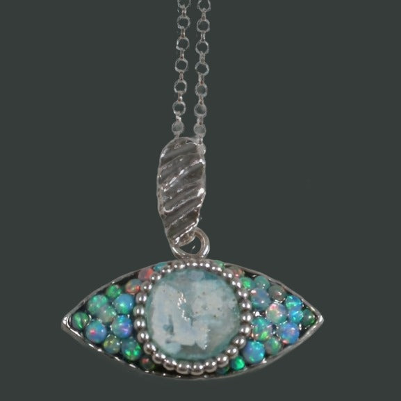 Evil Eye Pendant Necklace Set with Roman Glass and Blue Opals - Bluenoemi