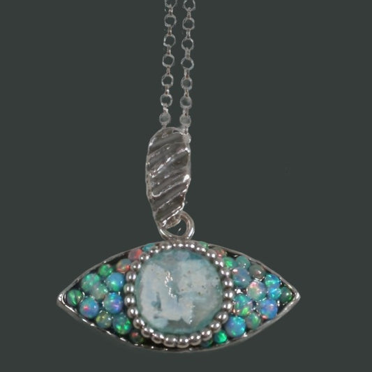 Evil Eye Pendant Necklace Set with Roman Glass and Blue Opals - Bluenoemi