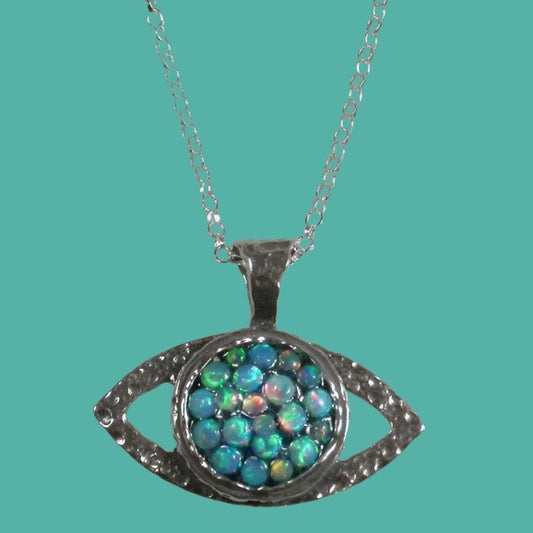 Ward off Negativity in Style: Evil Eye Pendant Necklace Set with Blue Opals - Bluenoemi