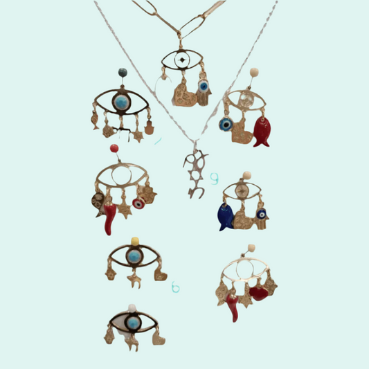 Bluenoemi Jewelry Necklaces Protection and Luck Symbols. Sterling Silver or Goldfilled Charms of Israel hanging on the protection symbol eye.