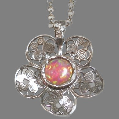 Elegance Defined: Sterling Silver Necklace Set with a silver flower set with a Red Lab-Created Opal - Bluenoemi