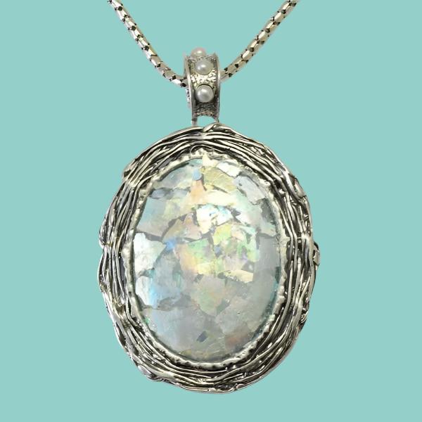 Israeli Roman glass necklace. Amazing Sterling silver necklace for woman set with authentic Roman glass - Bluenoemi