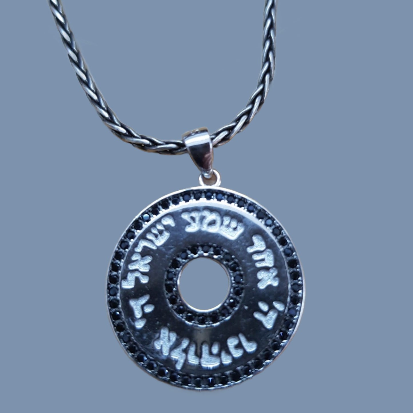 Silver necklace Shma Israel pendant set zircons Symbol of Faith and Identity - Bluenoemi