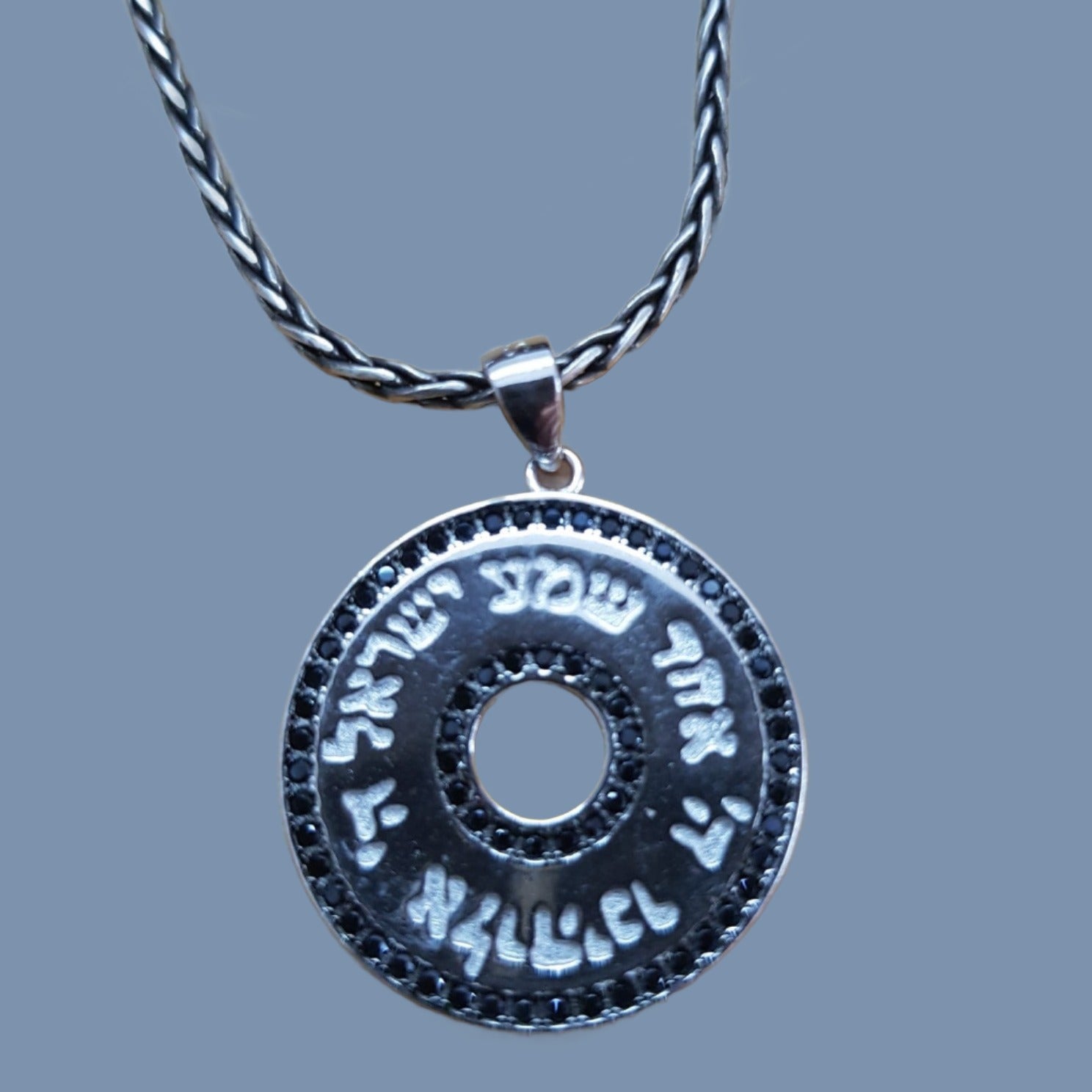 Silver necklace Shma Israel pendant set zircons Symbol of Faith and Identity - Bluenoemi