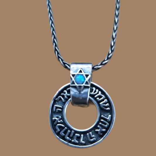 Silver necklace Shma Israel with Star of David pendant set blue opal. Symbol of Faith and Identity. - Bluenoemi