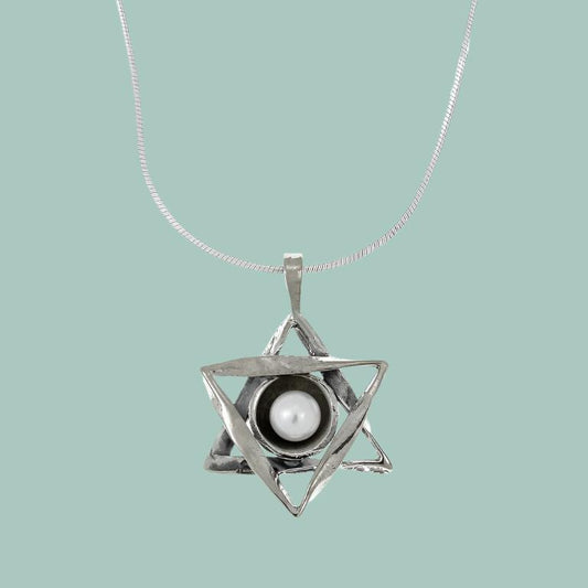 Star of David Necklace , Sterling silver necklace set with a pearl - Bluenoemi