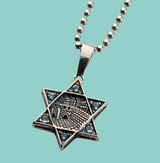 Star of David Pendant Jerusalem Necklace , Sterling silver necklace with blue topaz stones - Bluenoemi