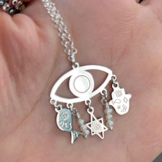 Sterling Silver Charms of Israel hanging on the protection symbol eye - Bluenoemi