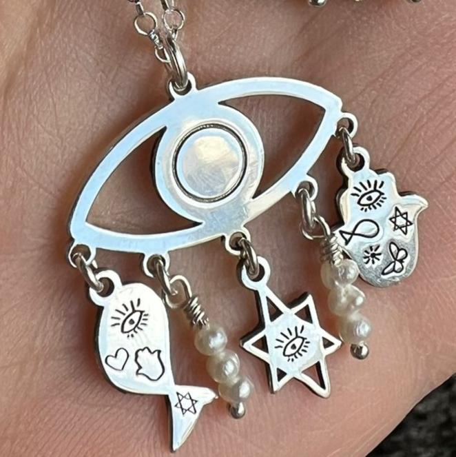 Bluenoemi Jewelry Necklaces Sterling Silver Charms of Israel hanging on the protection symbol eye. Fish, Star of David, Hamsa.