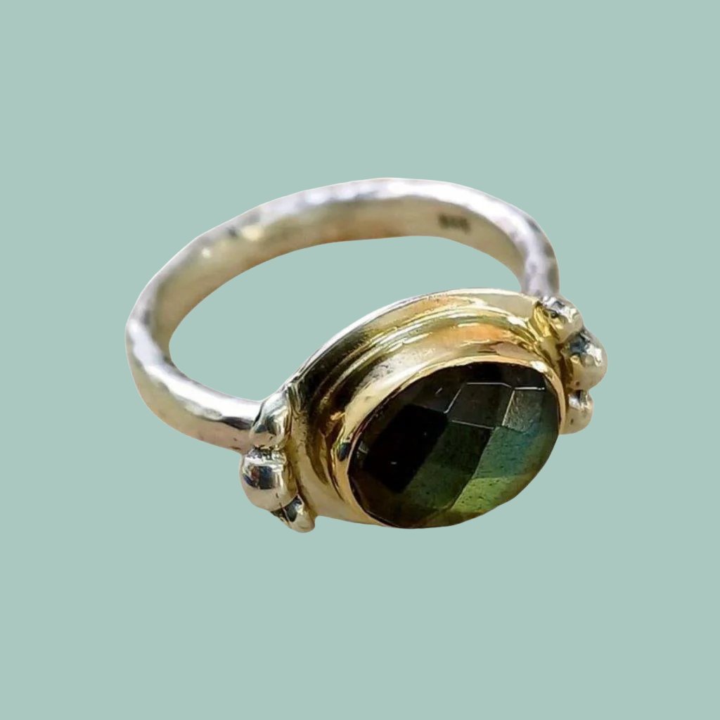 Bluenoemi Sterling Silver Gold Ring for Women set with a Labradorite – Crafted in Israel - Bluenoemi