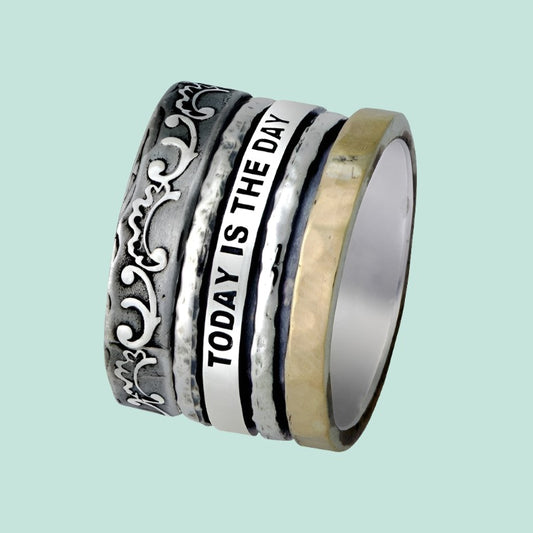 Bluenoemi Israeli Spinner Ring Silver Gold Afirmation Rings "Today is the Day" - Bluenoemi