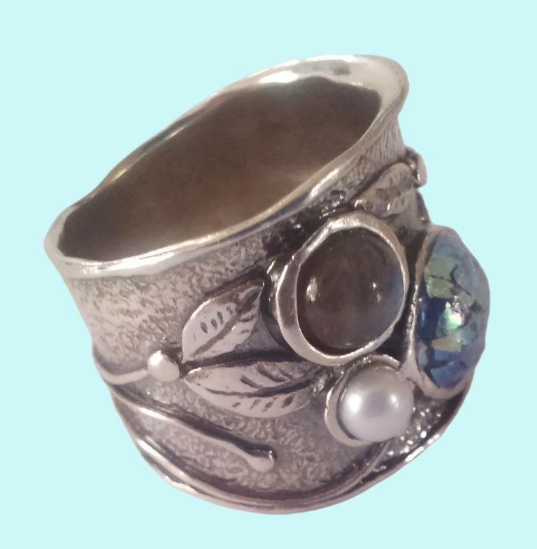 Bluenoemi Jewelry Rings Sterling Roman glass ring 925 silver ring with a pearl and gemstone.