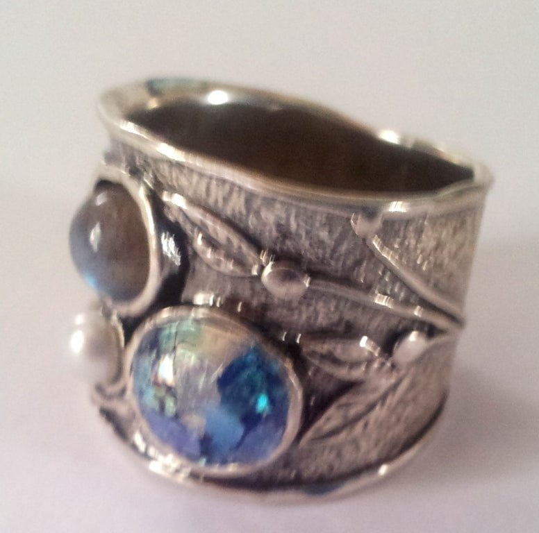 Bluenoemi Jewelry Rings Sterling Roman glass ring 925 silver ring with a pearl and gemstone.