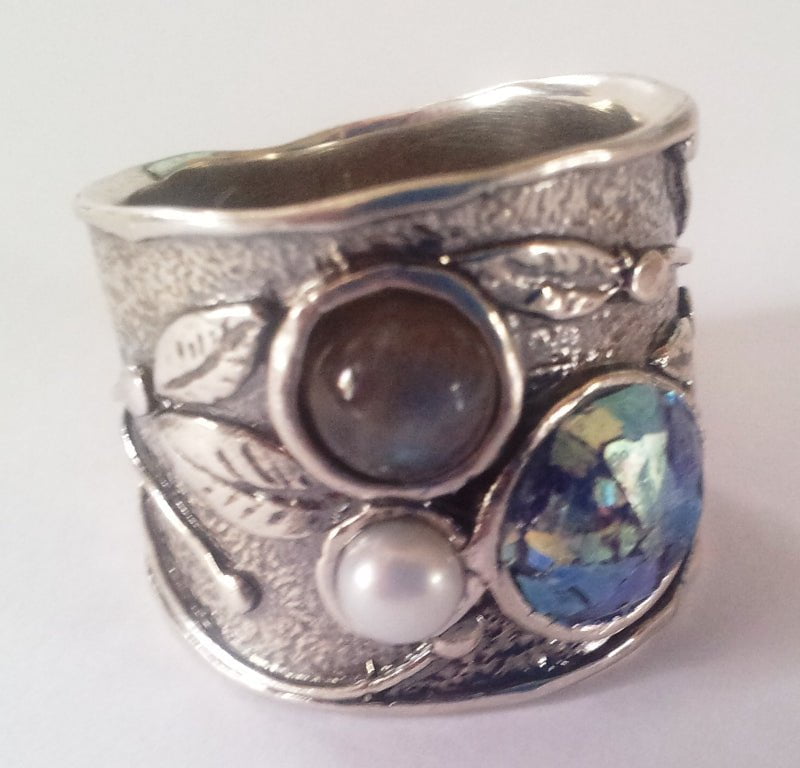 Bluenoemi Jewelry Rings Sterling Roman glass ring 925 silver ring with a pearl and gemstone.