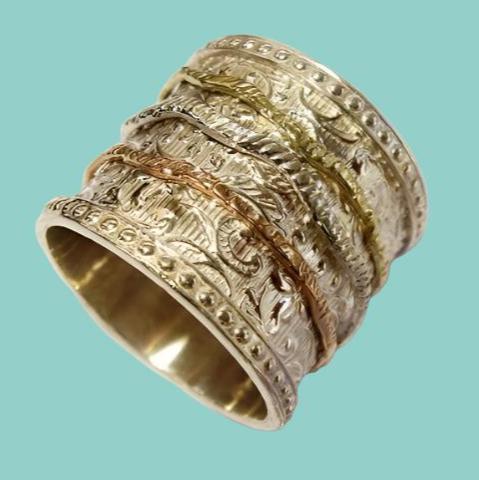 Fidget ring womens floral Spinner Ring. Sterling Silver and Gold. Israeli Meditation rings. - Bluenoemi