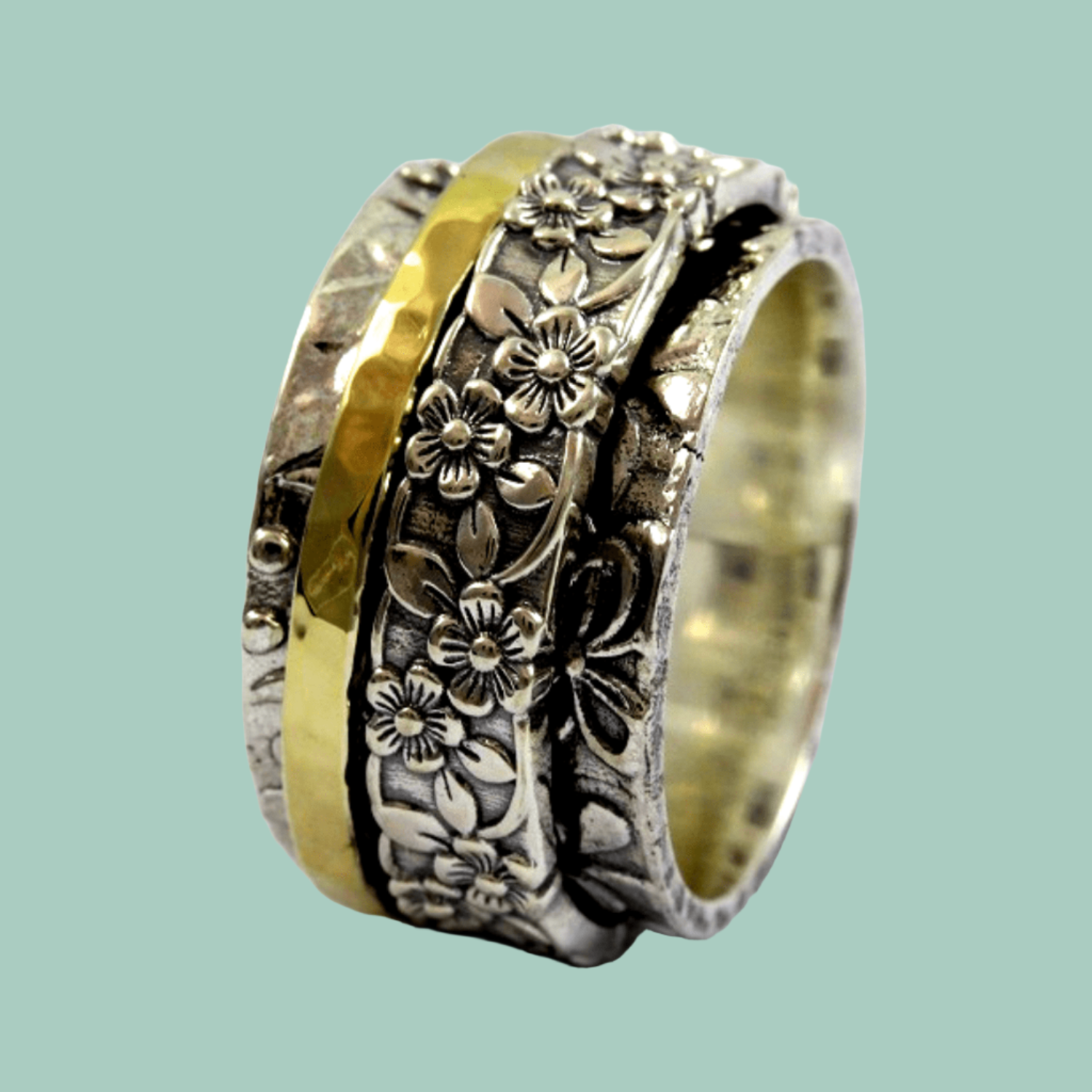 Spinner ring for woman. Floral rings for ladies engagement ring silver gold - Bluenoemi