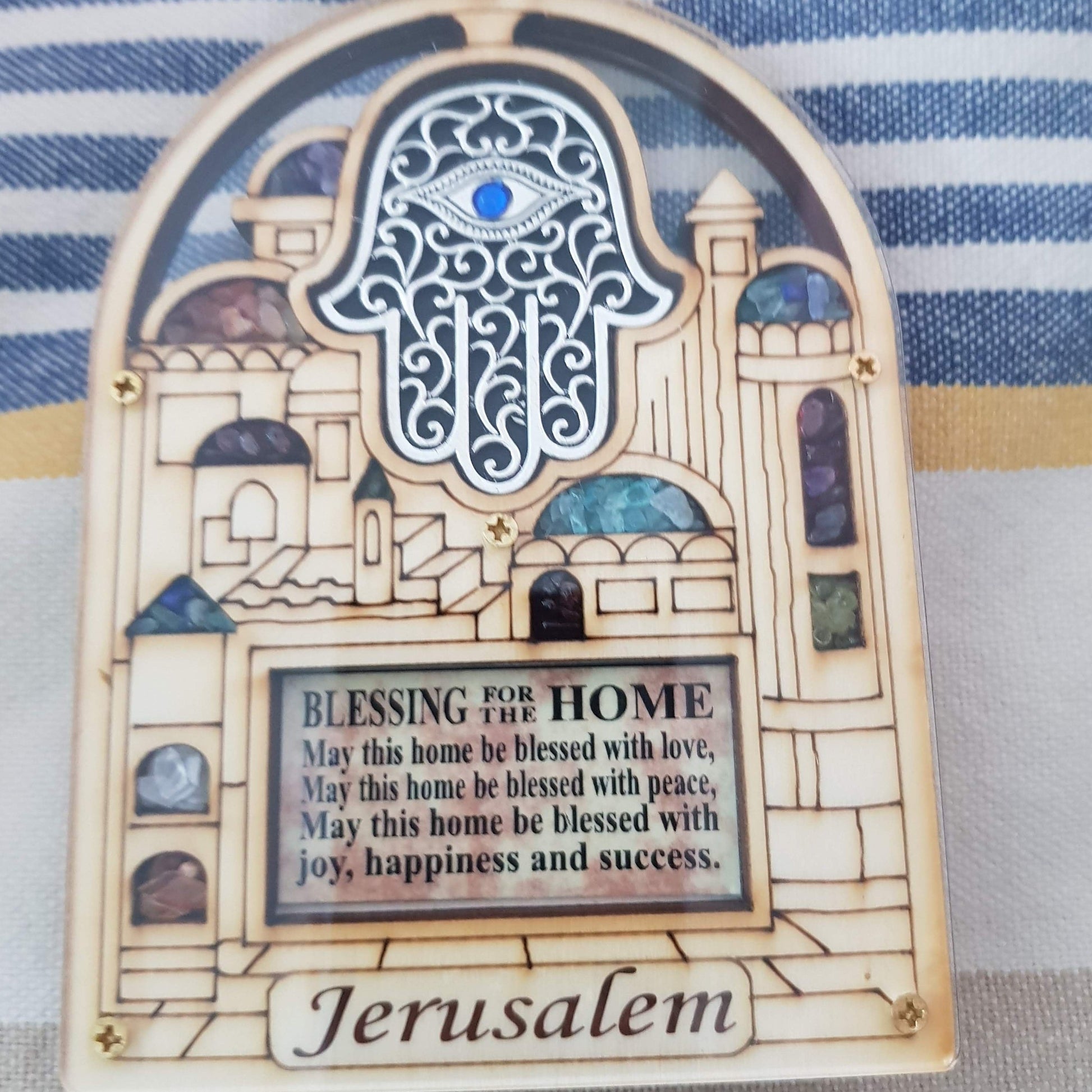 Jerusalem Hamsa for home. Blue eye Hamsa Home Blessing Gift 13cm x 9cm - Bluenoemi