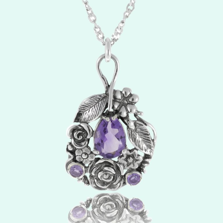 Bluenoemi Necklace Sterling Silver 925 Necklace floral design Pendant blue topaz/ amethyst zircon