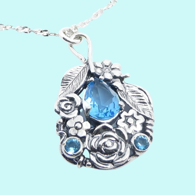 Bluenoemi Necklace Sterling Silver 925 Necklace floral design Pendant blue topaz/ amethyst zircon