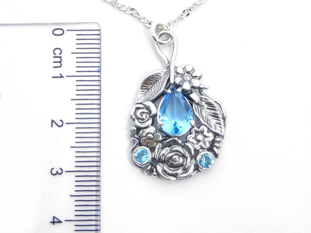 Bluenoemi Necklace Sterling Silver 925 Necklace floral design Pendant blue topaz/ amethyst zircon