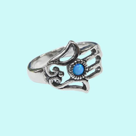 Bluenoemi Rings Blue Opal Silver Ring with a blue opal hamsa