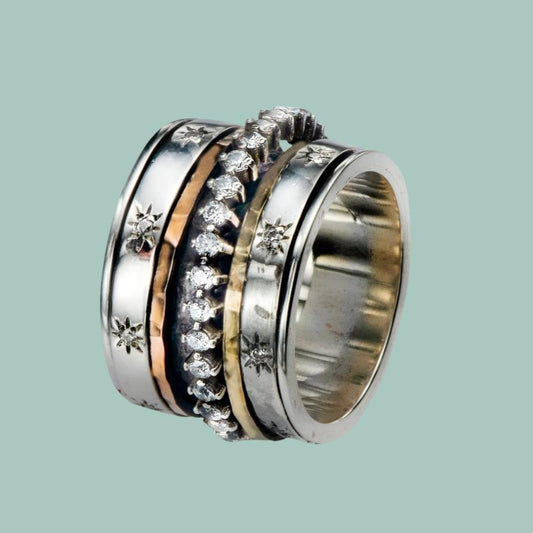 Israeli spinner rings Silver Gold and cz zircons - Bluenoemi