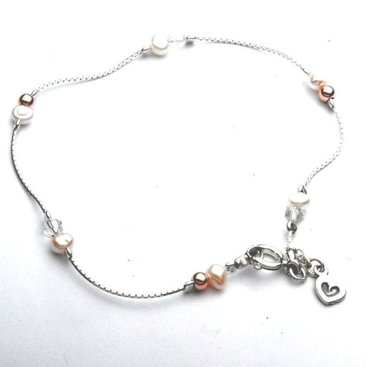 Sterling Silver Heart Charm Pearl Anklet - Bluenoemi