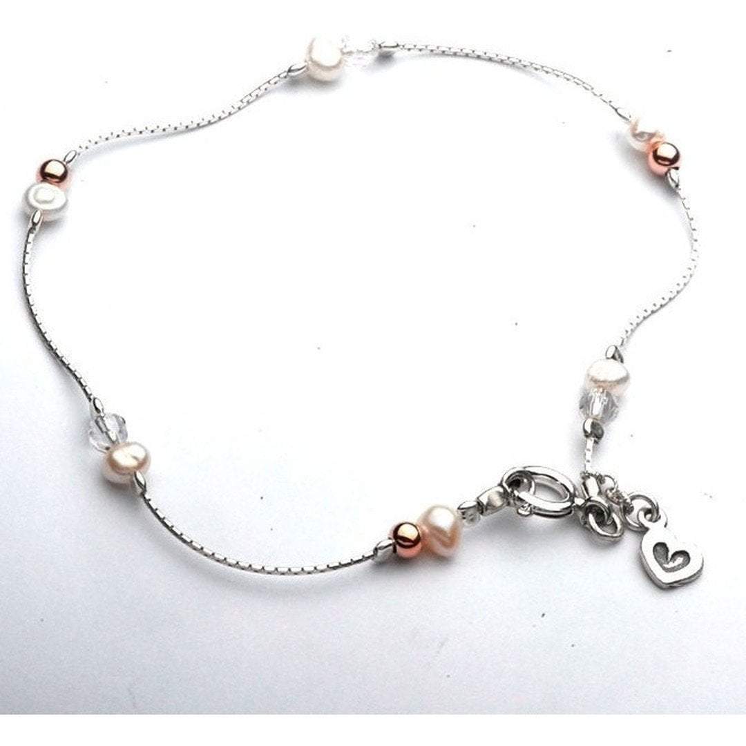 Sterling Silver Heart Charm Pearl Anklet - Bluenoemi