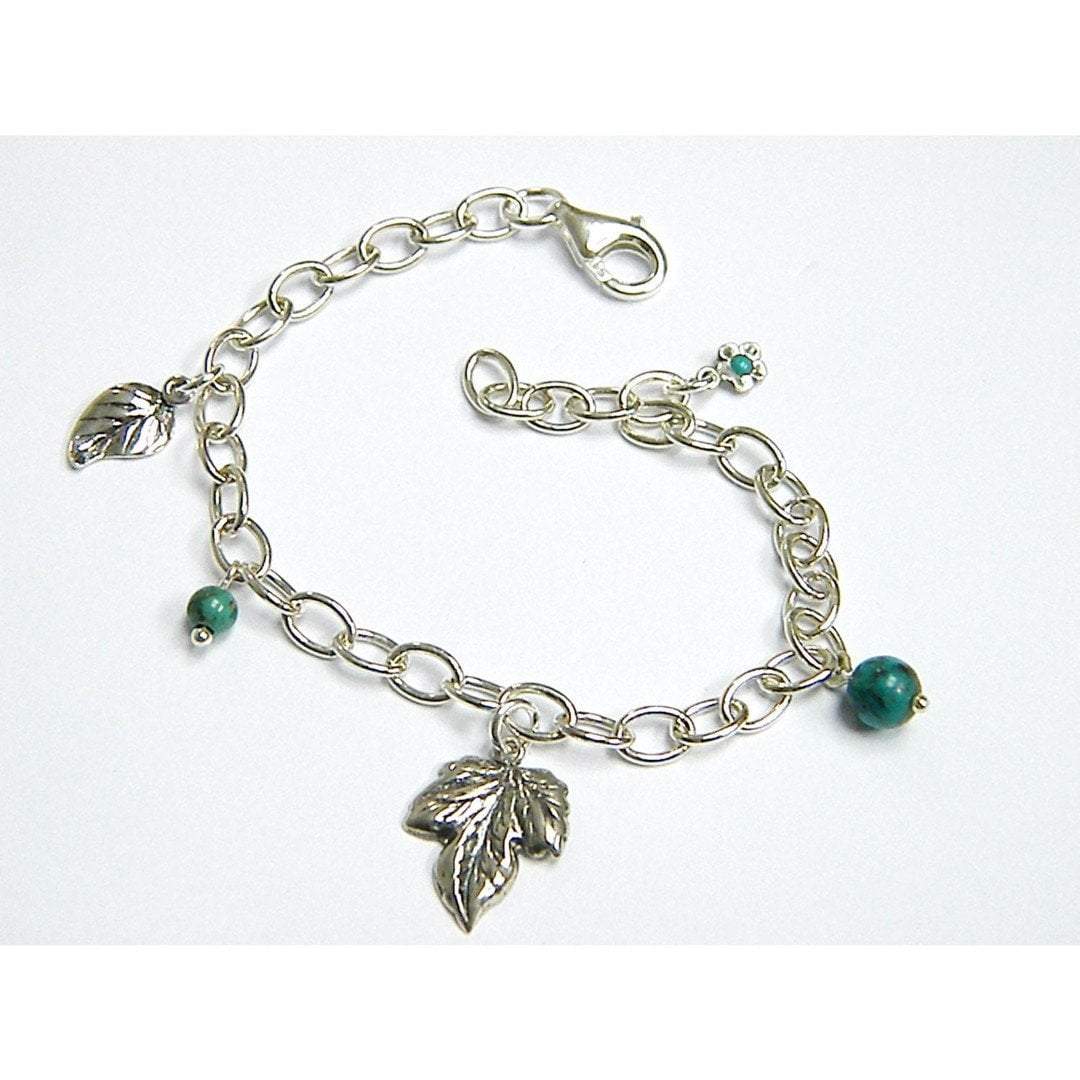 Charms Bracelet, Sterling Silver Bracelets, Turquoises bracelet , Leaves nature motif - Bluenoemi