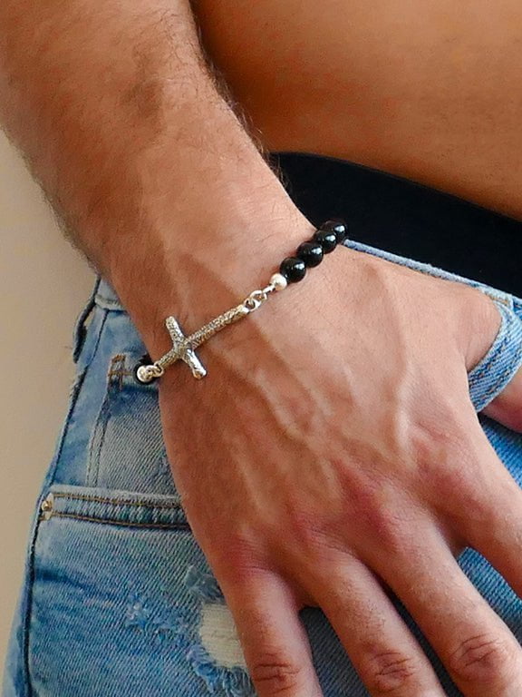 Bracelet for Man Silver Cross and Onyx Bracelets for Men. - Bluenoemi