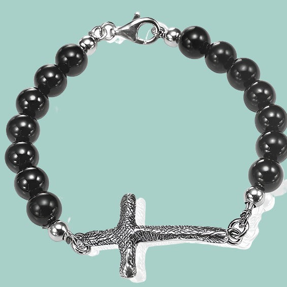 Bracelet for Man Silver Cross and Onyx Bracelets for Men. - Bluenoemi