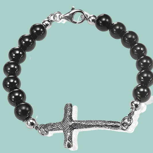 Bluenoemi Bracelets onyx Bracelet for Man Silver Cross and Onyx Bracelets for Men.