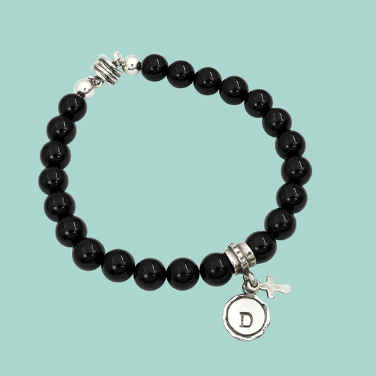 Bracelet for Man Silver Initial Charm & a Cross Charm Onyx Bracelets for Men. - Bluenoemi