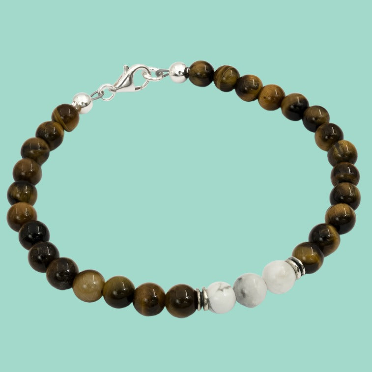 Bracelet for Man Silver tiger eye bracelets for men. Highly polished brown and white beads - Bluenoemi