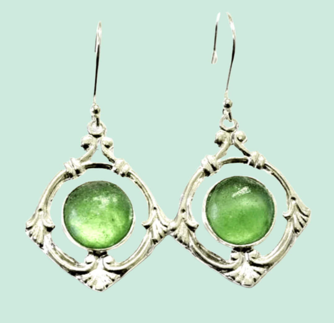 Bluenoemi Earrings Adorable roman glass silver earrings / 3 cm / green Roman glass earrings Israeli jewelry sterling silver earring