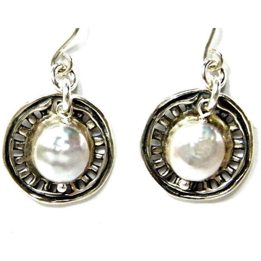 Sterling Silver Earrigs 925 Texture Circles Pearls - Bluenoemi