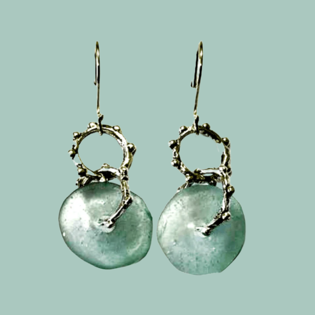 Bluenoemi Earrings green Roman glass earrings dangling silver earrings Israeli roman glass jewelry