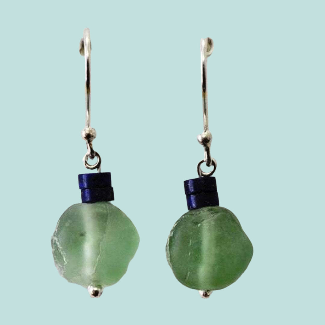 Bluenoemi Earrings Green Roman glass earrings dangling silver earrings Israeli roman glass jewelry with lapis