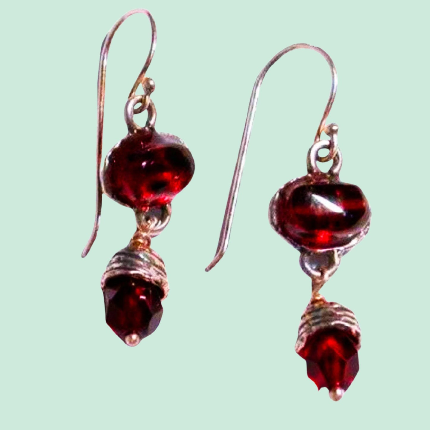 Sterling Silver Earrings, dangling earrings , Israeli Jewelry, Garnet & Crystal - Bluenoemi