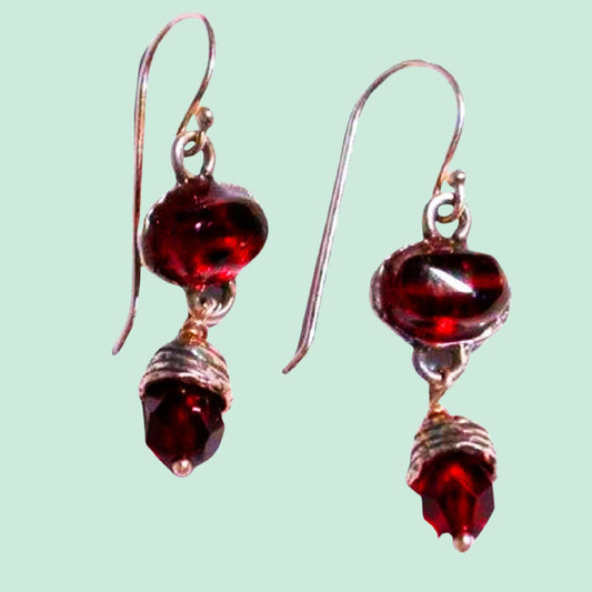 Sterling Silver Earrings, dangling earrings , Israeli Jewelry, Garnet & Crystal - Bluenoemi