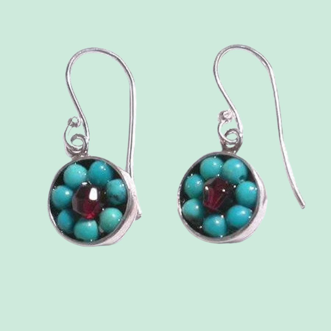 Sterling Silver Earrings, Turquoise Garnets Dangling Earrings Israeli Jewelry - Bluenoemi