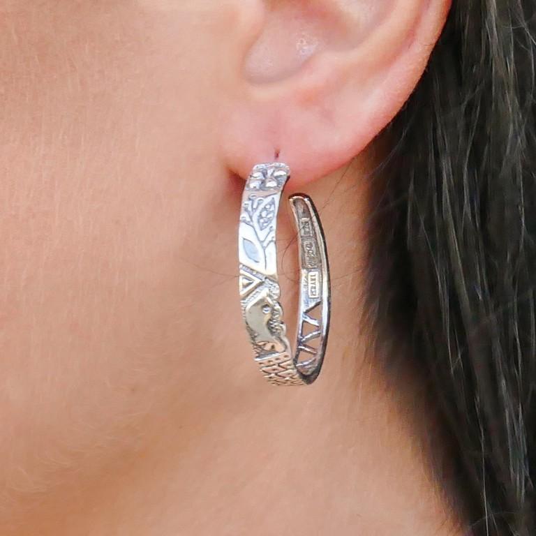 Silver hoop earrings large. Floral Silver Designer Earrings - Bluenoemi